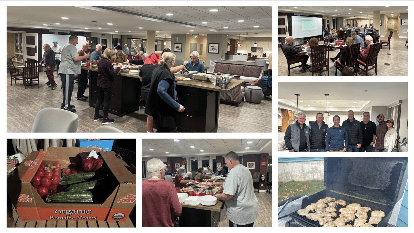 Collage of photos from the PTP Gives Back team's visit to the American Cancer Society Hope Lodge in Boston, showcasing their Greek-themed dinner service and trivia night activities.