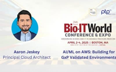 Illustration of Aaron Jeskey, Principal Cloud Architect at PTP, with event details for his Bio-IT World 2025 session titled "AI/ML on AWS: Building for GxP Validated Environments," held April 2-4, 2025, in Boston.