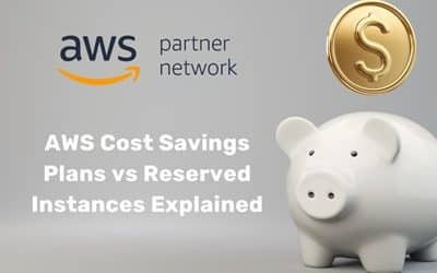 Feature image for a blog post showing the AWS logo next to text explaining AWS Cost Savings Plans and Reserved Instances, with a graph illustrating cost comparisons.