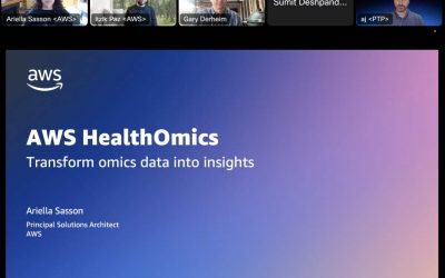Screenshot of a webinar titled "AWS HealthOmics: Transform omics data into insights," featuring Ariella Sasson, Principal Solutions Architect at AWS, with supporting architects Itzik Paz and Sumit Deshpande of AWS, and Aaron Jeskey of PTP. Hosted by Gary Derheim of PTP.