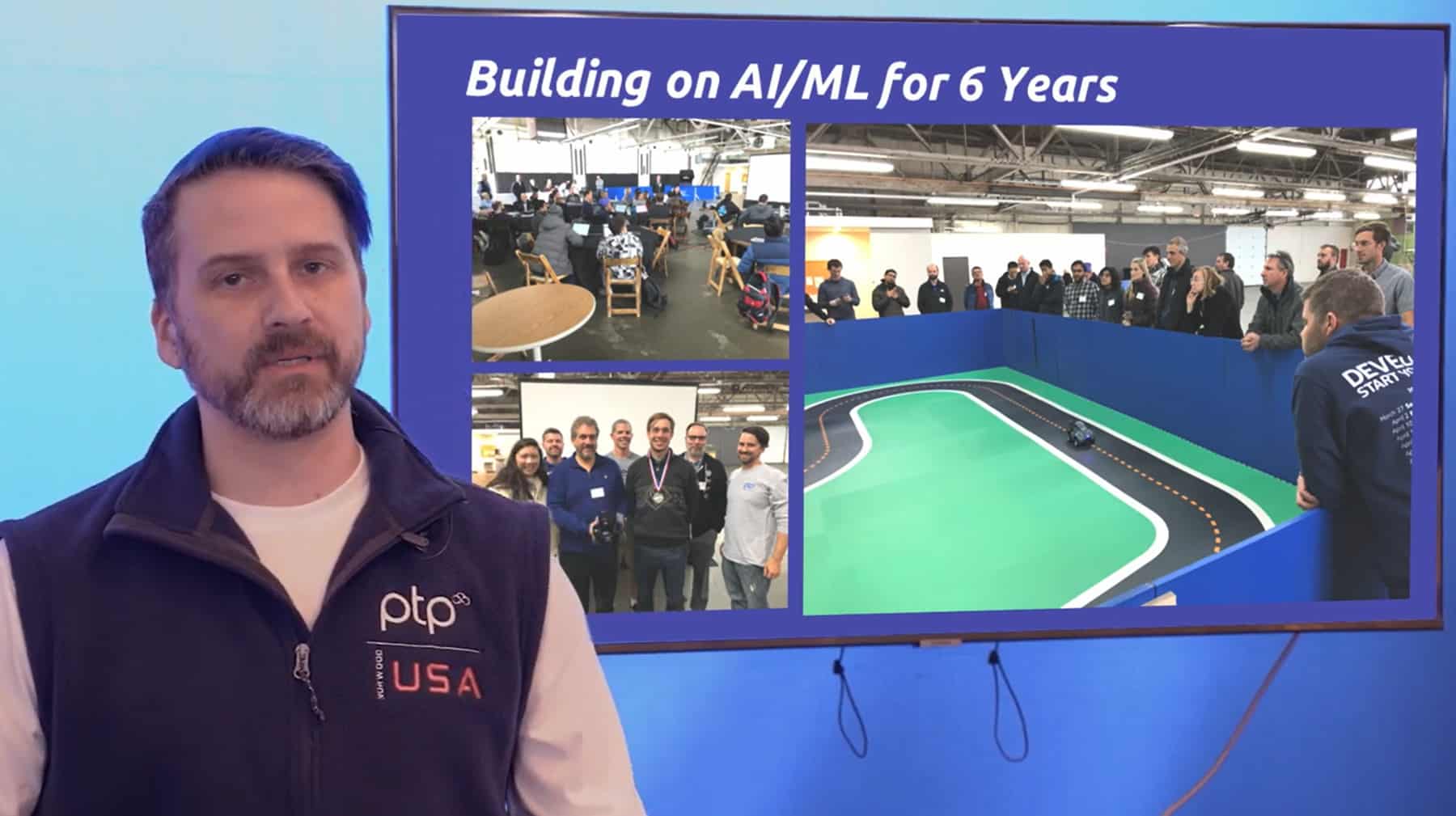 Aaron Jeskey presenting on AI and ML practices at Bio-IT World 2024, with visuals related to the Rational AI Architect framework onscreen.