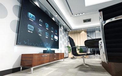 Modern conference room with a large digital display screen on the wall, sleek furniture, and high-tech ambiance.