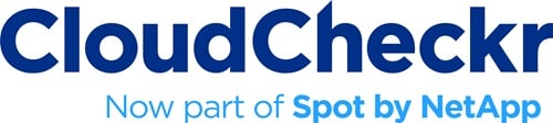 Big blue bold letters spelling "CloudCheckr" above text in light blue reading "Now part of Spot by NetApp".