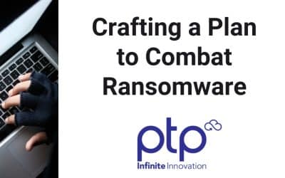 Feature image for a cybersecurity webinar with a white background and black text titled 'Crafting a Plan to Combat Ransomware'. On the left side, a stock photo of a laptop displays a security alert icon on its screen.
