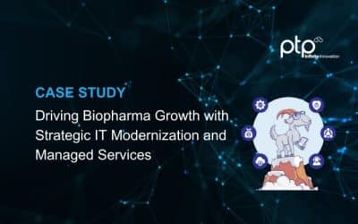 Case study graphic featuring a cartoon goat on a mountain, representing IT strategy and biotech growth, with the PTP logo and digital network background.