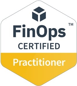 AWS FinOps Certified Practitioner badge, hexagon-shaped with 'Finops certified' in black bold letters, the bottom half yellow with 'Practitioner' in white letters.