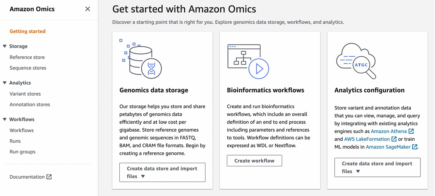 Overview of Amazon Omics platform showing features for genomics data storage, bioinformatics workflows, and analytics configuration.