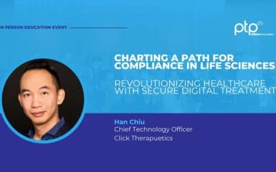 Portrait of Han Chiu, CTO of Click Therapeutics, with event title "Charting a Path for Compliance in Life Sciences: Revolutionizing Healthcare with Secure Digital Treatments" on a blue background.