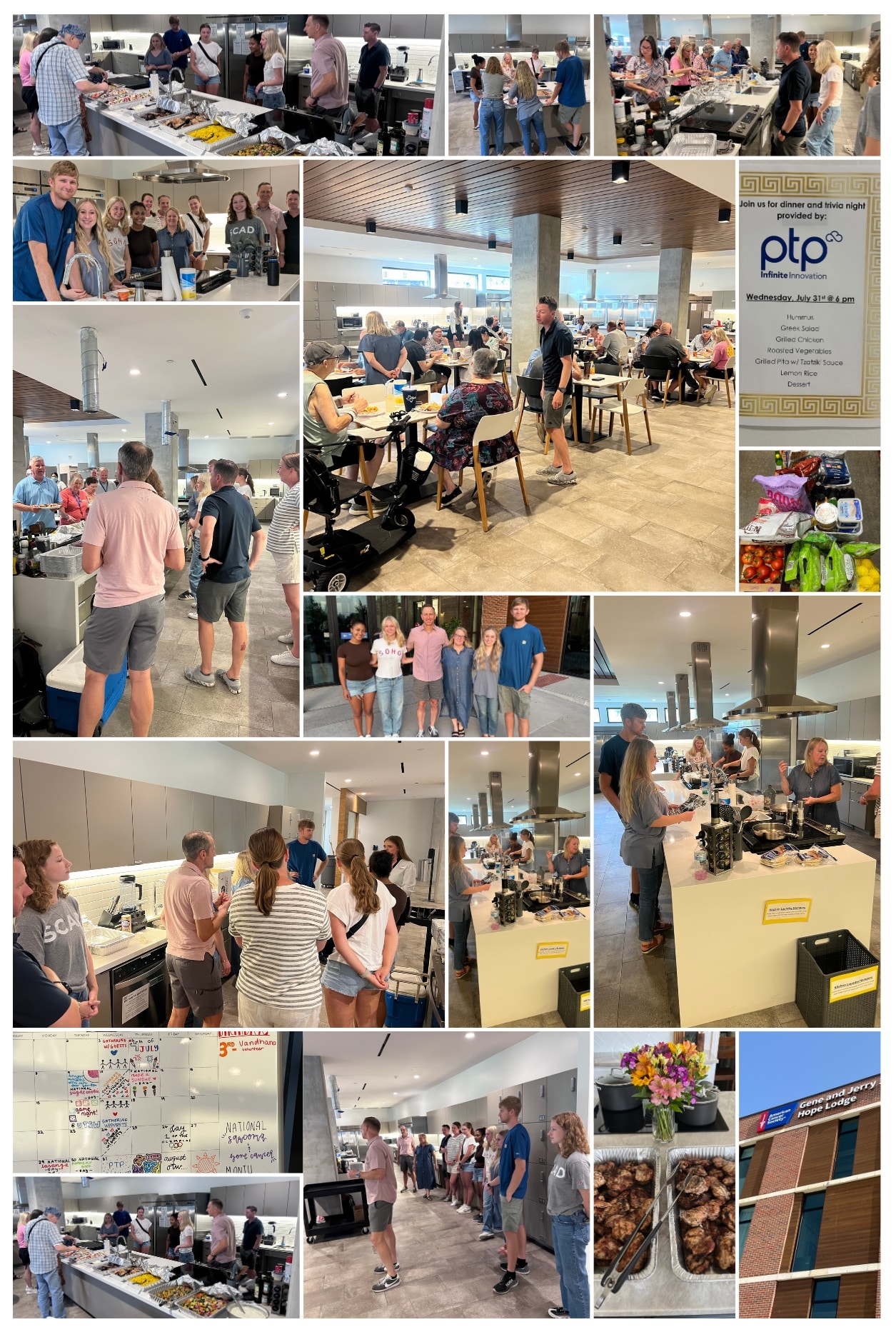 A collage of photos showing PTP Gives Back team members and their families preparing and serving food, interacting with guests, and enjoying a night of community service at Hope Lodge Dallas. The images include scenes from the kitchen, dining area, and group activities like trivia games, highlighting the team's effort to provide a warm and supportive experience for the residents.