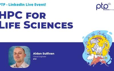 Promotional image for PTP’s LinkedIn Live event titled "HPC for Life Sciences," featuring Aidan Sullivan, Cloud Engineer at PTP, with a graphic of a goat wearing a lab coat surrounded by scientific symbols.