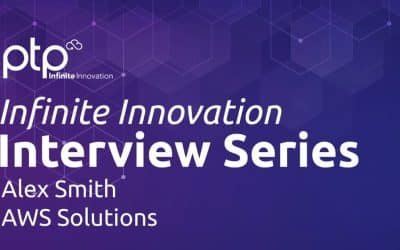 Feature image for "Infinite Innovation Interview Series: Alex Smith, AWS Solutions" with bold white text on a dark purple background and the PTP logo.