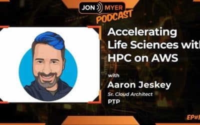 Promotional graphic for the Jon Myer Podcast episode 102 featuring Aaron Jeskey, discussing "Accelerating Life Sciences with HPC on AWS."