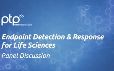 Blog post feature image titled "Endpoint Detection and Response for Life Sciences Panel Discussion," with white bold lettering on a blue hexagonal design and the PTP logo.