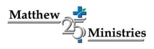 Logo of Matthew 25: Ministries featuring a blue and white globe encircled by the ministry's name in blue text.