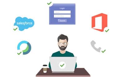 An illustration of a man with a beard and glasses sitting at a desk with a laptop. Surrounding him are icons of popular applications like Salesforce, Office 365, and a login screen, each with a green checkmark, indicating secure access. A coffee cup is placed on the desk next to him.