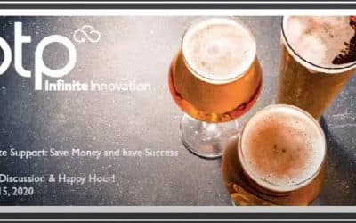 Three glasses of beer on a table with white text and logo for a PTP virtual panel discussion on remote support.