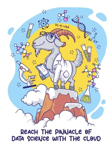 Colorful illustration of a goat scientist on a mountain cloud surrounded by scientific symbols and equations, with the phrase 