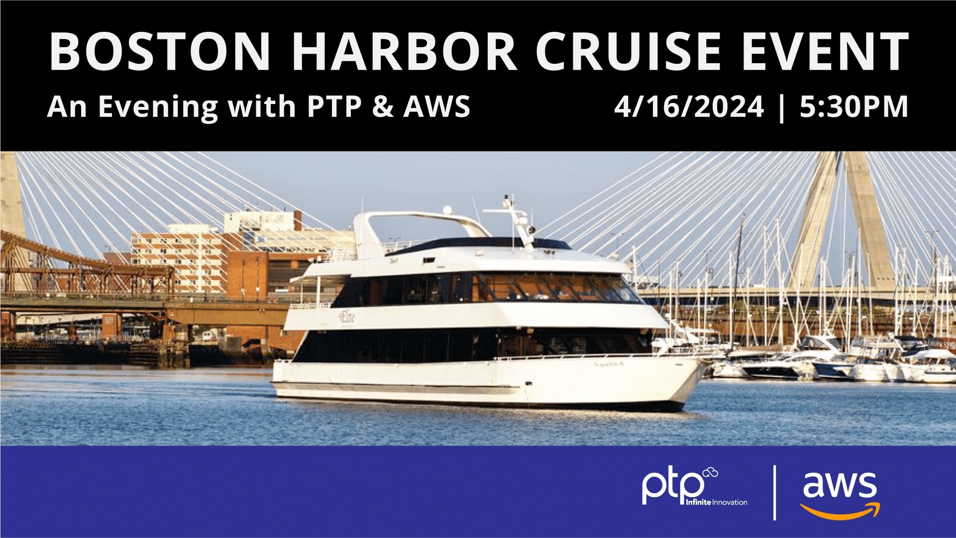 Promotional image for the Bio-IT Harbor Cruise Networking Event featuring white text over a black banner above a photo of a cruise on Boston Harbor.