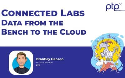 Illustration of a presentation slide titled “Connected Labs: Data from the Bench to the Cloud” featuring Brantley Henson of PTP and a cartoon goat in a lab coat with scientific icons.