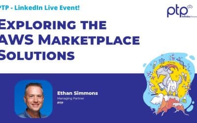 Promotional image for PTP’s LinkedIn Live event titled "Exploring the AWS Marketplace Solutions," featuring Ethan Simmons, Managing Partner at PTP, with a creative illustration of a goat in a lab coat surrounded by scientific symbols.