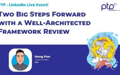 A LinkedIn Live event promotional image titled "Two Big Steps Forward with a Well-Architected Framework Review." The image features a cartoon of a goat dressed as a scientist on the right, and Hong Pun, Cloud Architect at PTP, is shown with an illustrated portrait on the left.