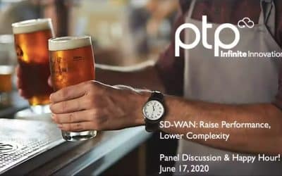 Stock photo of a man holding two glasses of beer to celebrate at a happy hour event, with a white text overlay about an SD-WAN panel discussion and the white PTP logo in the top right corner.