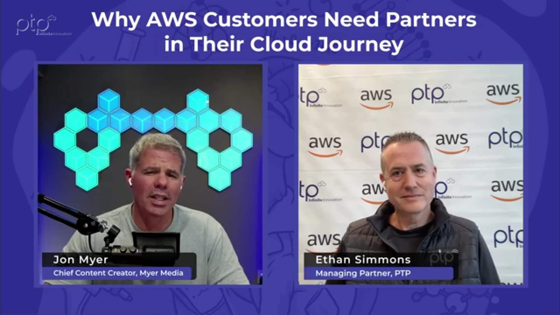 Screenshot of Jon Myer and Ethan Simmons discussing the role of AWS partners in cloud journeys.