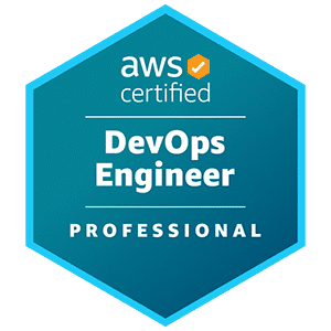 AWS Certified Badge for DevOps Engineer Professional with teal background and green outline.