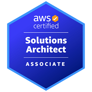 AWS Certified Badge for Solutions Architect Associate with blue background and light blue outline.