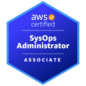 AWS Certified Badge for SysOps Administrator Associate with blue background and lighter blue outline.