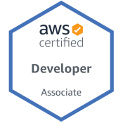 AWS Certified Developer Associate badge featuring a hexagonal shape with the AWS logo and text.