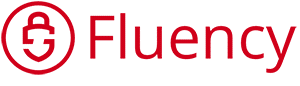 The Fluency logo is 'Fluency' in red lettering with a simple lock vector on the left side.