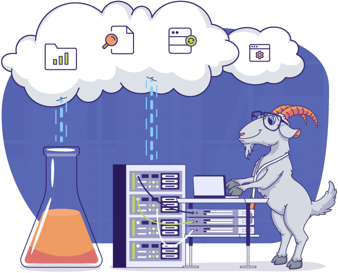 Illustration of Goat working on servers leading data to the cloud and to a proved treatment