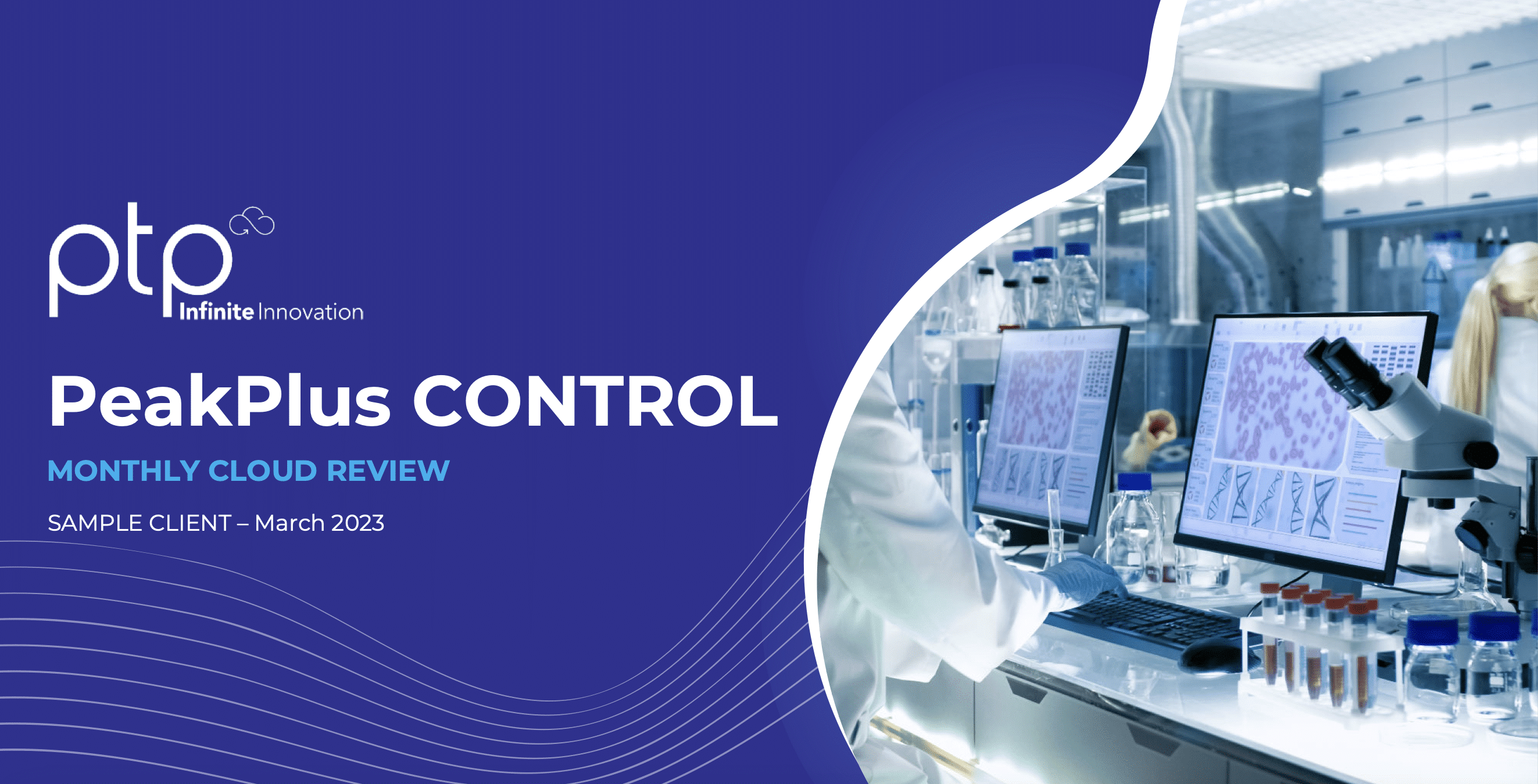 PTP PeakPlus CONTROL Monthly Cloud Review cover page with a laboratory scene in the background, showing a researcher working on a computer with scientific data displayed on the screen.
