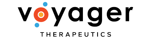 The official logo of Voyager Therapeutics features the word "voyager" in lowercase letters, with the "o" designed as a stylized molecule or orbit, incorporating a central dot and two smaller dots connected by lines. Below the word "voyager," the word "THERAPEUTICS" is written in uppercase letters in a smaller font size.