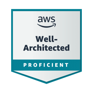 AWS Well-Architected Proficient badge with a teal outline, black and white bold lettering, and a black AWS logo on top.
